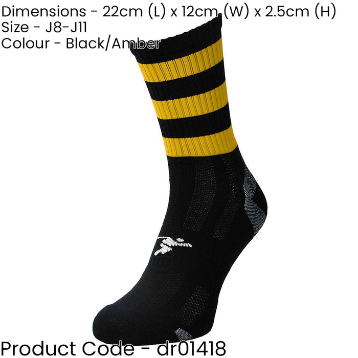 JUNIOR Size 8-11 Hooped Stripe Football Crew Socks BLACK/AMBER Training Ankle