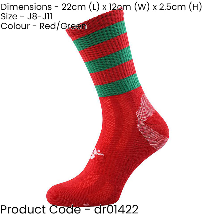 JUNIOR Size 8-11 Hooped Stripe Football Crew Socks RED/GREEN Training Ankle
