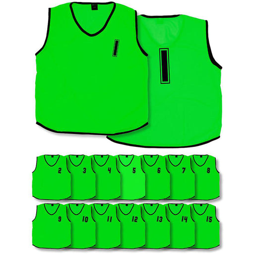 15 PACK 4-9 Years Kids Sports Training Bibs - Numbered 1-15 GREEN Plain Vest