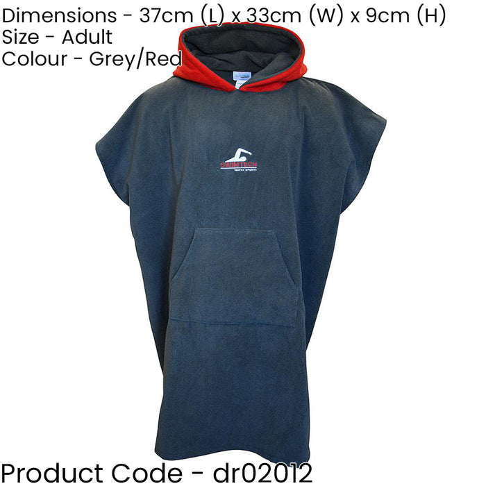 ADULT Microfiber Swim Poncho Towel Robe - Grey/Red - Beach Swimming Top