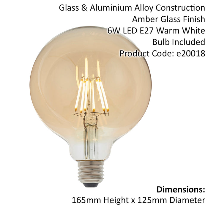 LED Filament Lamp Bulb Dimmable 6W E27 LED 125mm Amber Tinted Glass Globe