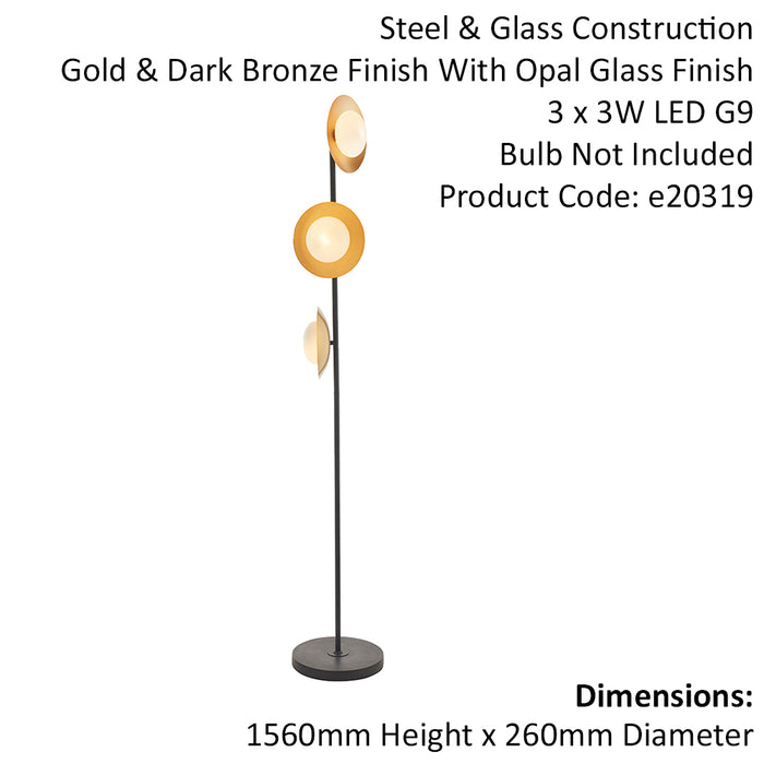 1560mm Freestanding Floor Lamp Light - Gold & Bronze Dish Design - Opal Glass