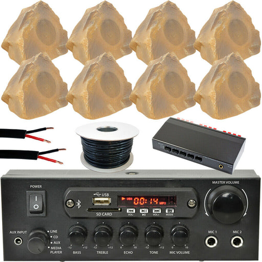 4 Zone Outdoor Bluetooth Kit - 8x Garden Rock Stone Speaker - Stereo HiFi Music Amp