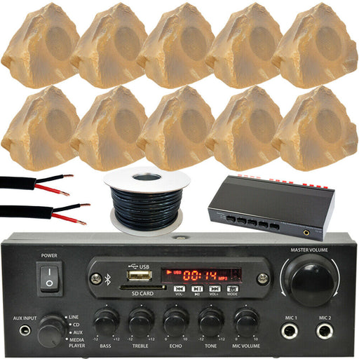 5 Zone Outdoor Bluetooth Kit - 10x Garden Rock Stone Speaker - Stereo HiFi Music Amp