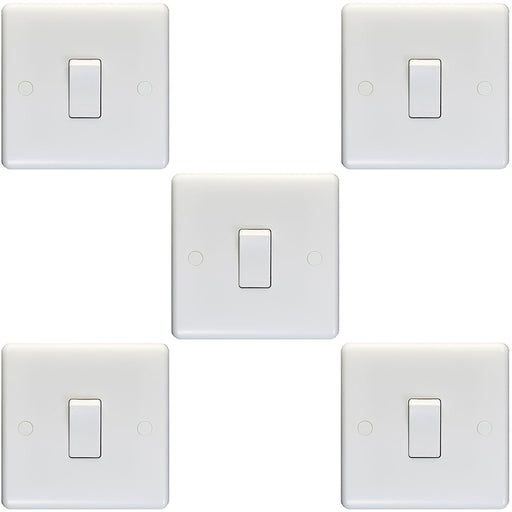 5 PACK 1 Gang Single 10A Light Switch 1 Way - WHITE PLASTIC Wall Plate Rocker