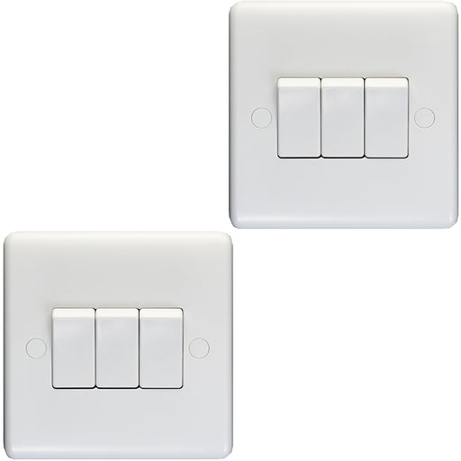 2 PACK 3 Gang Triple 10A Light Switch 2 Way - WHITE PLASTIC Wall Plate Rocker