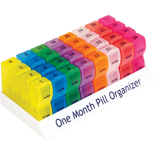 Colourful One Month Pill Organiser - 32 x 2 Comartments - Flip Top Lids Loops