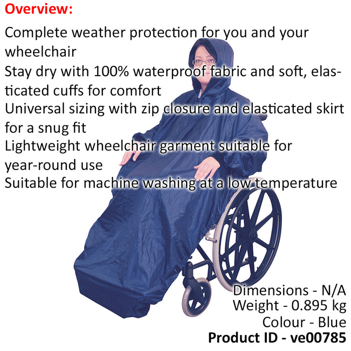 Blue Polyester Wheelchair Mac with Sleeves - Waterproof Fabric Machine Washable Loops