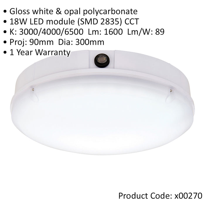 Gloss White IP65 Bulkhead Light - 18W CCT SMD LED Module - Photocell Sensor