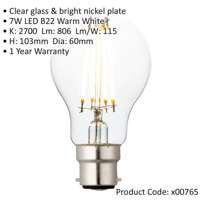 7W B22 LED Vintage Filament GLS Bulb - Warm White - Dimmable Clear Glass Lamp