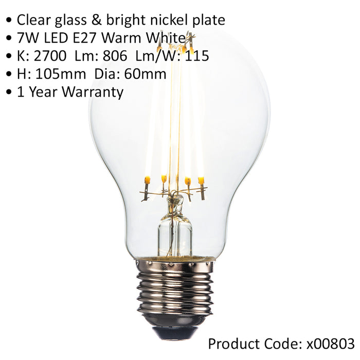 7W E27 LED Vintage Filament GLS Bulb - Warm White - Dimmable Clear Glass Lamp
