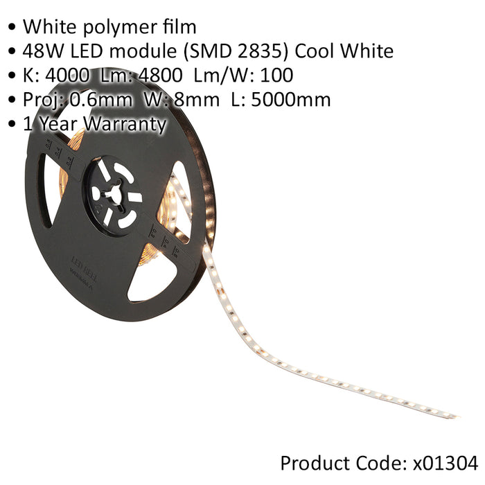 Flexible LED Tape Light - 5 Metres - 48W Cool White LEDs - Dimmable Strip Lights