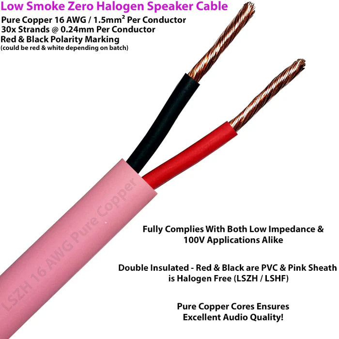 Low Smoke Speaker Cable 16AWG 1.5mm PURE COPPER LSZH 100V Double Insulated