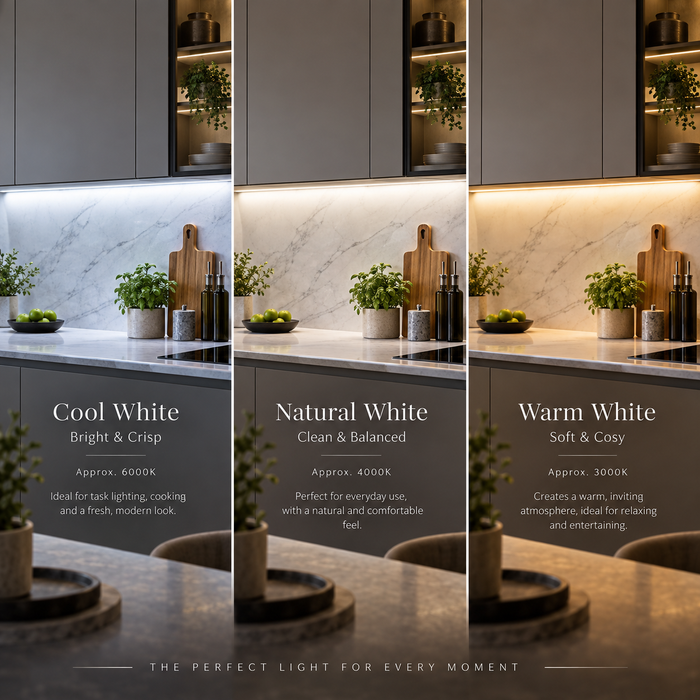 Comparison of cool white, natural white and warm white kitchen lighting
