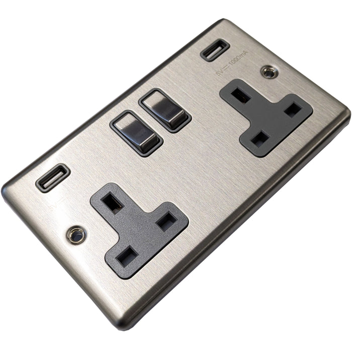 2 PACK 2 Gang Single UK Plug Socket & 2.1A USB SATIN STEEL & Grey 13A Switched