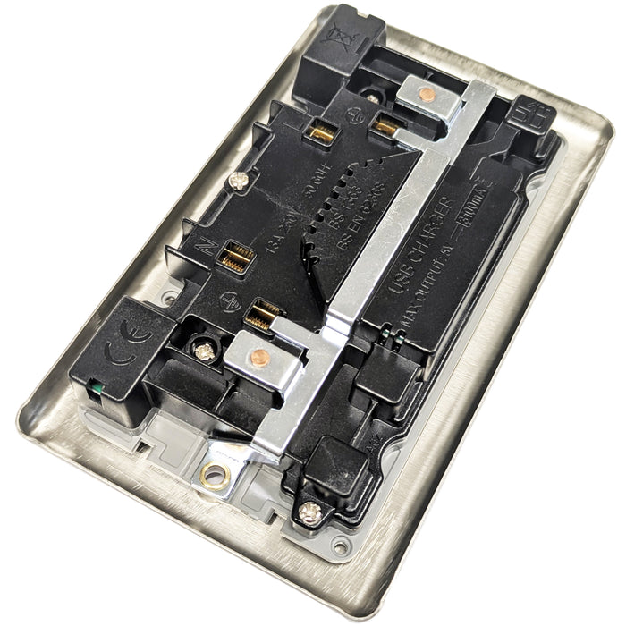 2 PACK 2 Gang Single UK Plug Socket & 2.1A USB SATIN STEEL & Grey 13A Switched