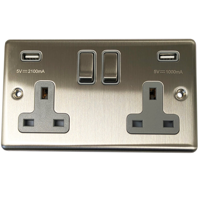 2 PACK 2 Gang Single UK Plug Socket & 2.1A USB SATIN STEEL & Grey 13A Switched