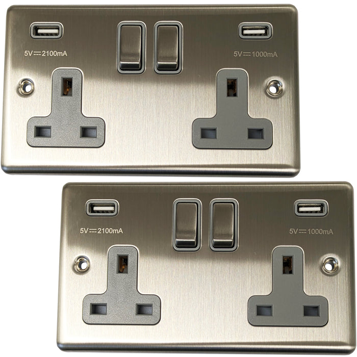 2 PACK 2 Gang Single UK Plug Socket & 2.1A USB SATIN STEEL & Grey 13A Switched