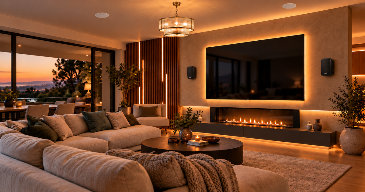 Modern living room with wall speakers, two flush ceiling speakers, a television, ceiling light and warm LED lighting