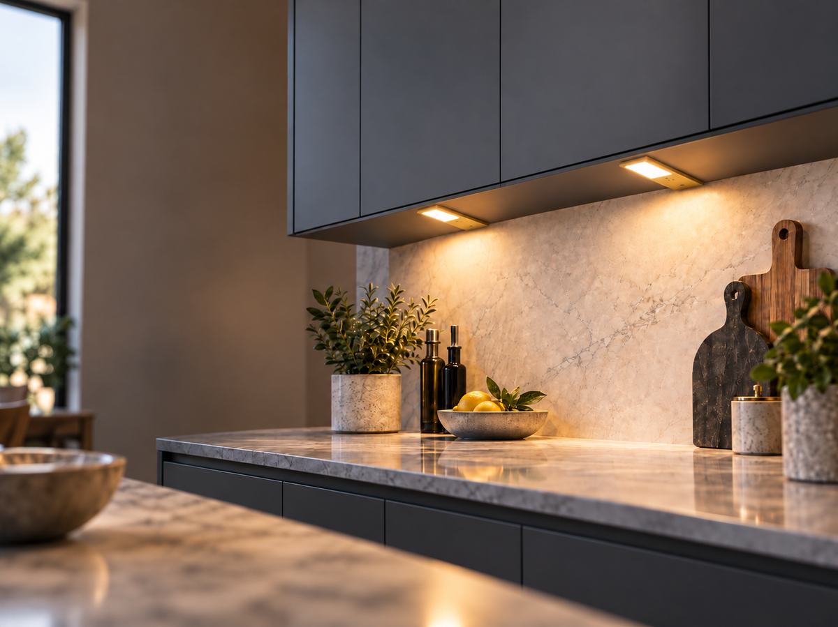 Under cabinet LED lighting illuminating a kitchen worktop