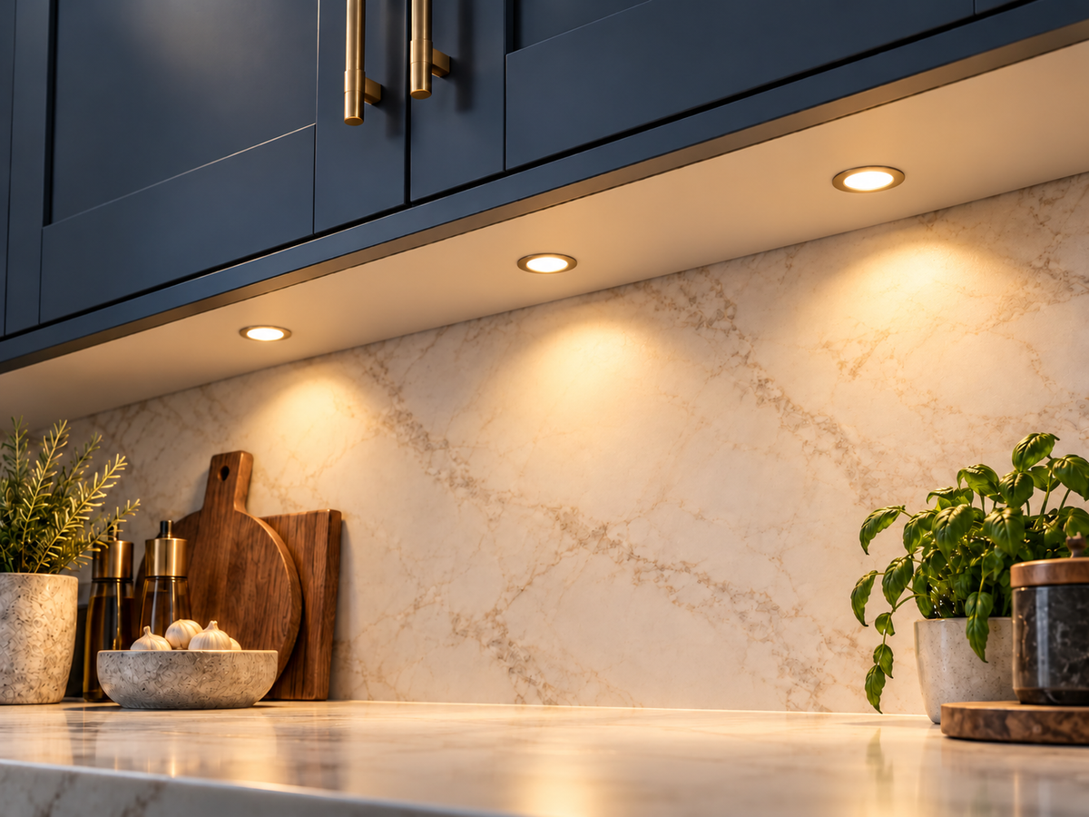 Recessed 24V under cabinet light installed flush beneath a kitchen cabinet