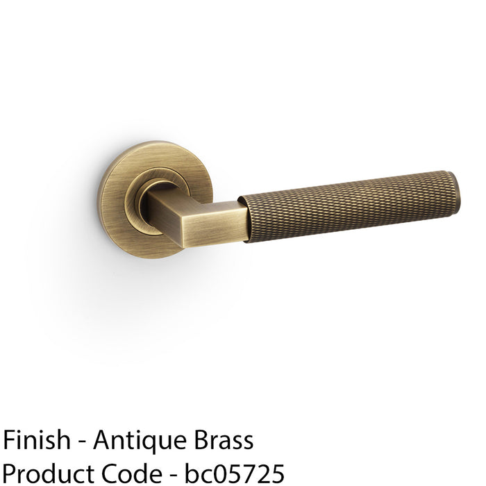 SOLID BRASS Knurled Door Handle Set - Antique Brass Angled Lever On Round Rose 1