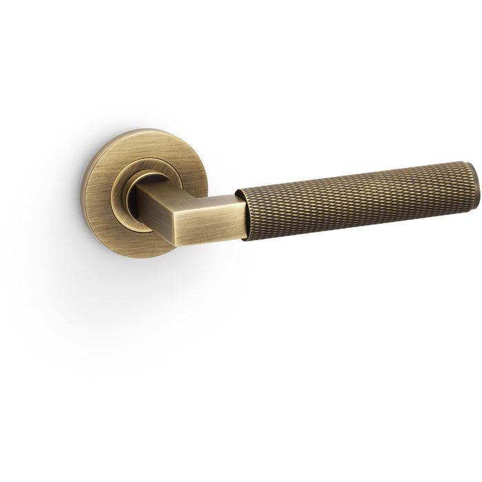 SOLID BRASS Knurled Door Handle Set - Antique Brass Angled Lever On Round Rose