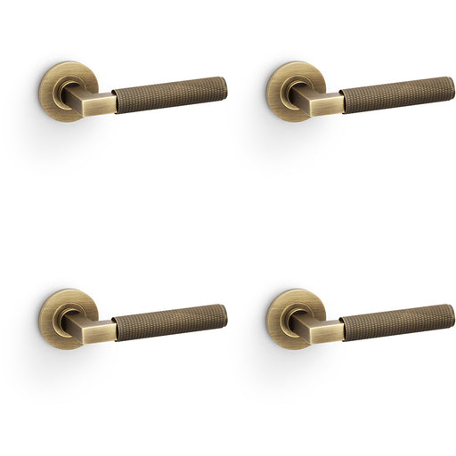 4 PACK SOLID BRASS Knurled Door Handle Set Antique Brass Angled Lever Round Rose