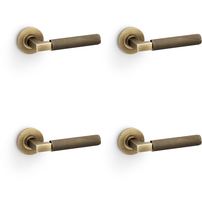 4 PACK SOLID BRASS Knurled Door Handle Set Antique Brass Angled Lever Round Rose