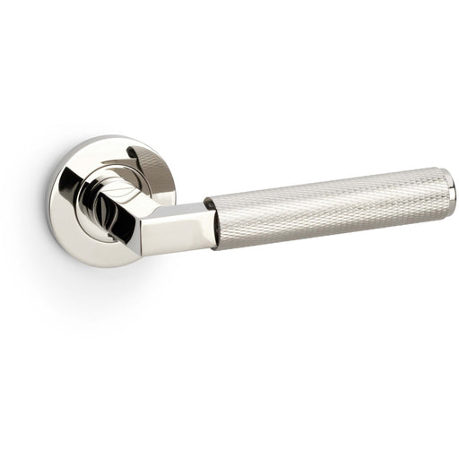 SOLID BRASS Knurled Door Handle Set - Polished Nickel Angled Lever On Round Rose