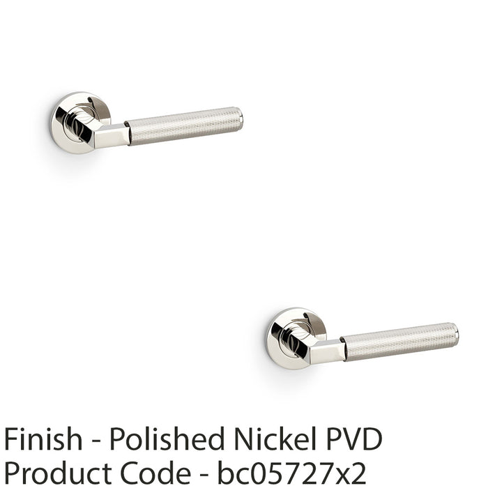 2 PACK SOLID BRASS Knurled Door Handle Set Polished Nickel Angled On Round Rose 1