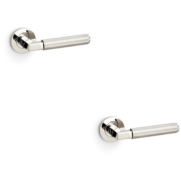 2 PACK SOLID BRASS Knurled Door Handle Set Polished Nickel Angled On Round Rose