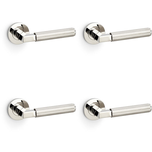 4 PACK SOLID BRASS Knurled Door Handle Set Polished Nickel Angled On Round Rose