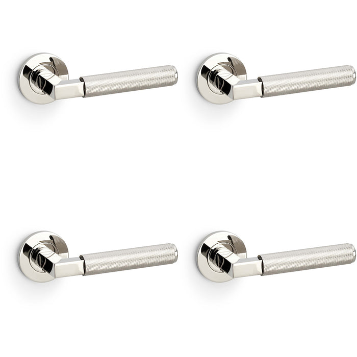 4 PACK SOLID BRASS Knurled Door Handle Set Polished Nickel Angled On Round Rose