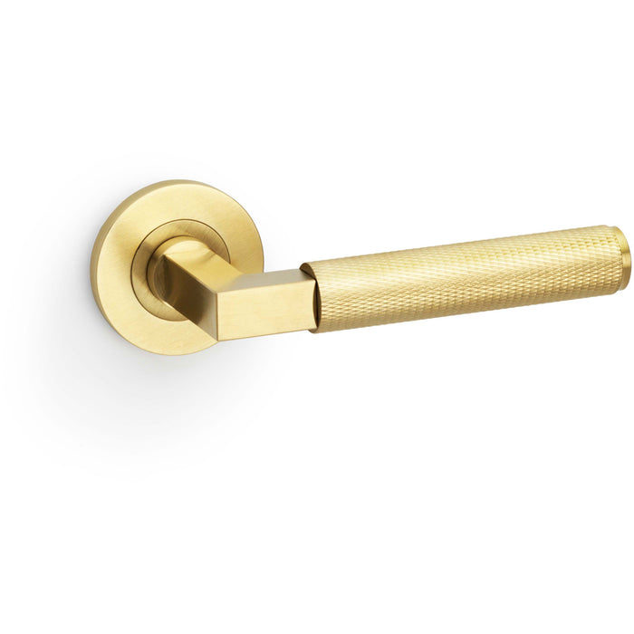 SOLID BRASS Knurled Door Handle Set - Satin Brass Angled Lever On Round Rose