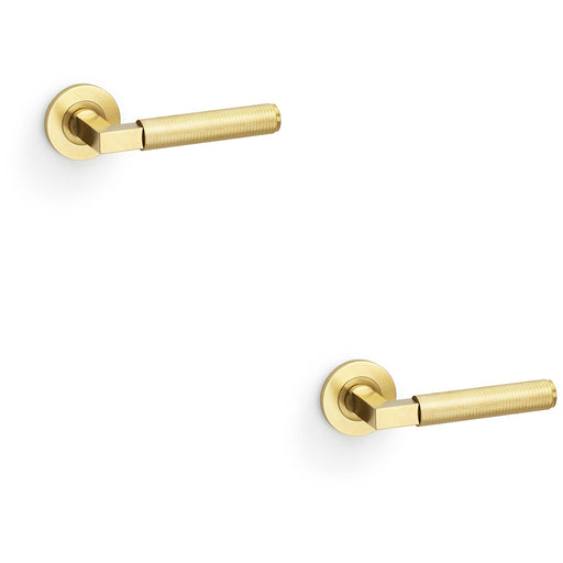 2 PACK SOLID BRASS Knurled Door Handle Set Satin Brass Angled Lever Round Rose