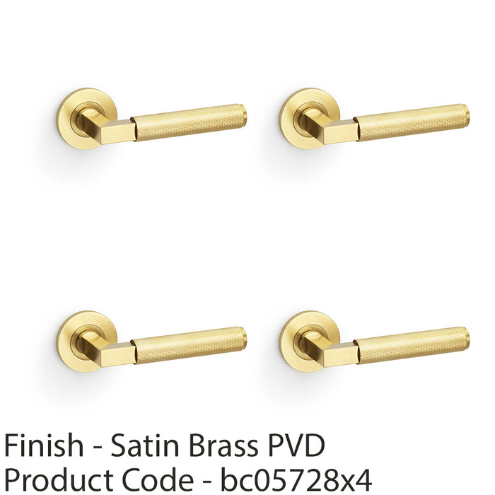 4 PACK SOLID BRASS Knurled Door Handle Set Satin Brass Angled Lever Round Rose 1