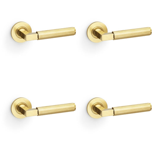 4 PACK SOLID BRASS Knurled Door Handle Set Satin Brass Angled Lever Round Rose