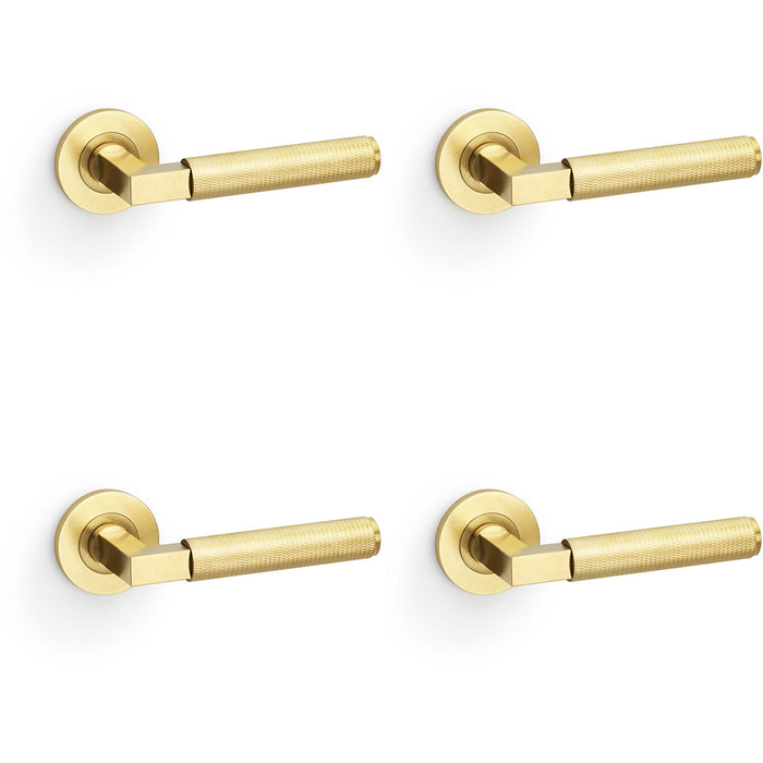 4 PACK SOLID BRASS Knurled Door Handle Set Satin Brass Angled Lever Round Rose