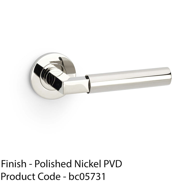 SOLID BRASS Smooth Door Handle Set - Polished Nickel Angled Lever On Round Rose 1