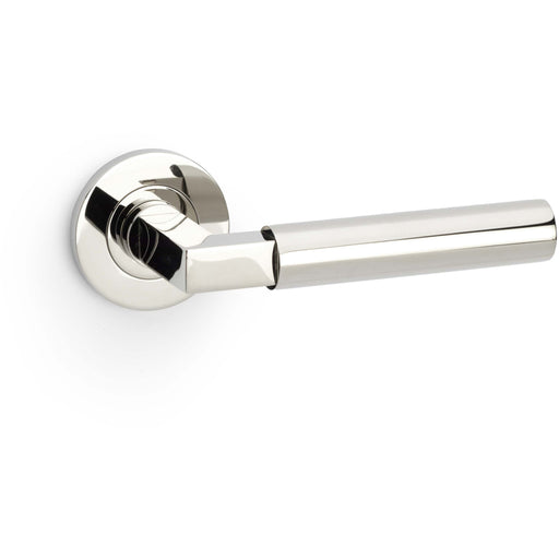 SOLID BRASS Smooth Door Handle Set - Polished Nickel Angled Lever On Round Rose