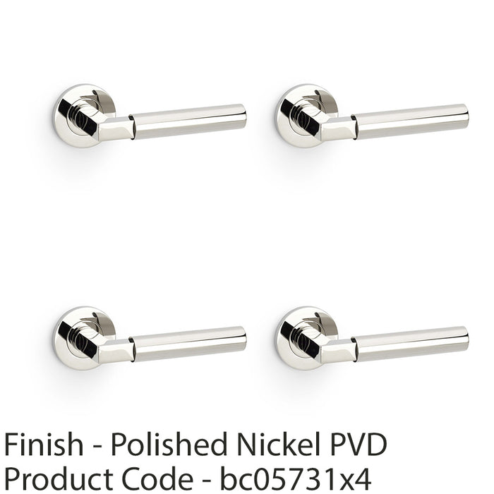 4 PACK SOLID BRASS Smooth Door Handle Set Polished Nickel Angled On Round Rose 1