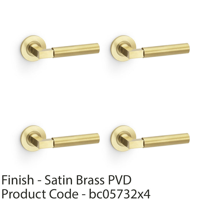 4 PACK SOLID BRASS Smooth Door Handle Set Satin Brass Angled Lever On Round Rose 1