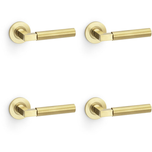 4 PACK SOLID BRASS Smooth Door Handle Set Satin Brass Angled Lever On Round Rose