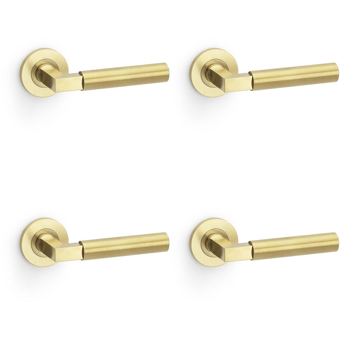 4 PACK SOLID BRASS Smooth Door Handle Set Satin Brass Angled Lever On Round Rose