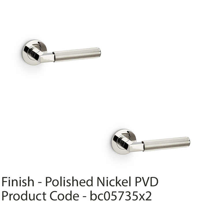 2 PACK SOLID BRASS Reeded Door Handle Set Polished Nickel Angled On Round Rose 1