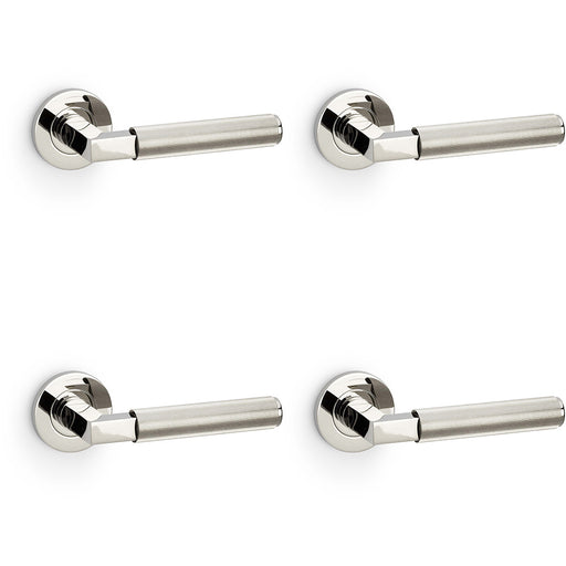 4 PACK SOLID BRASS Reeded Door Handle Set Polished Nickel Angled On Round Rose