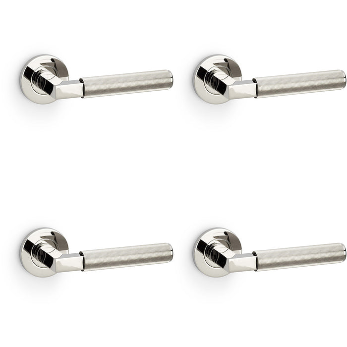 4 PACK SOLID BRASS Reeded Door Handle Set Polished Nickel Angled On Round Rose