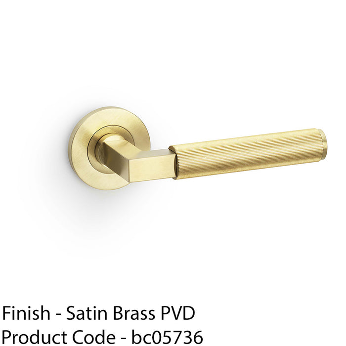 SOLID BRASS Reeded Door Handle Set - Satin Brass Angled Lever On Round Rose 1