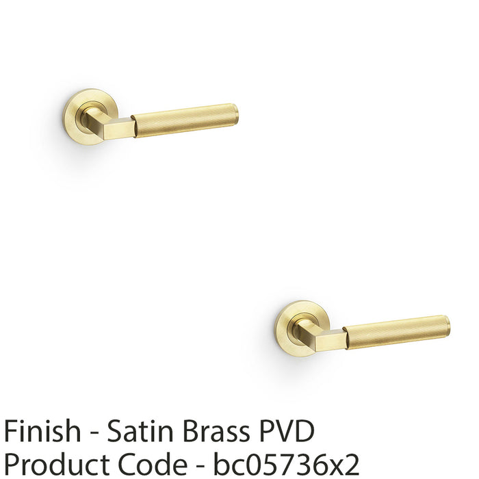 2 PACK SOLID BRASS Reeded Door Handle Set Satin Brass Angled Lever On Round Rose 1